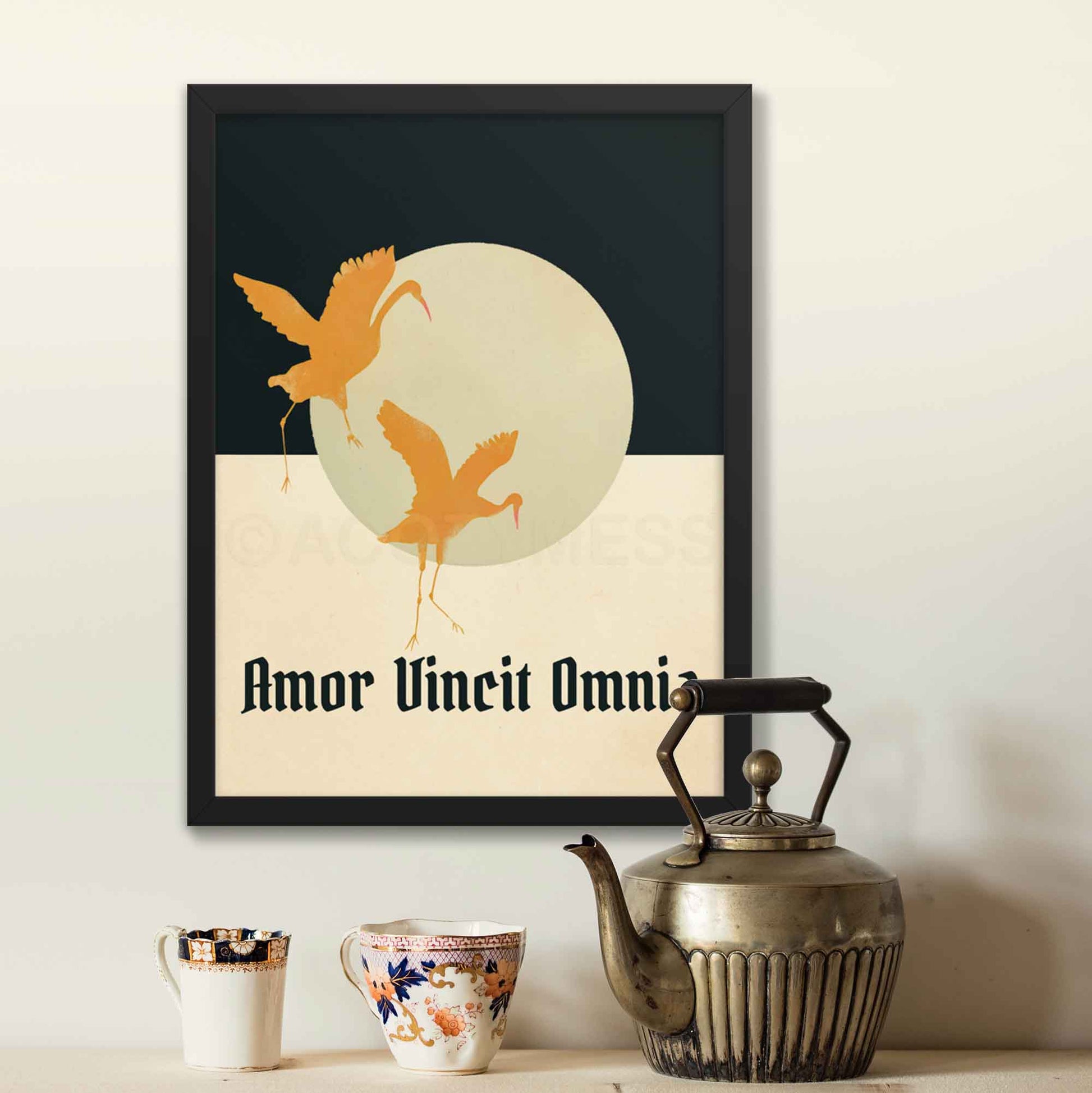 Amor Vincit Omnia art Poster in beige, blue and yellow with flying birds art, framed in black.