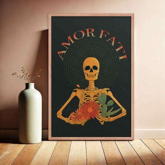 Amor Fati Poster with yellow skeleton with flowers and cactus design on black background Art in oakwood  frame