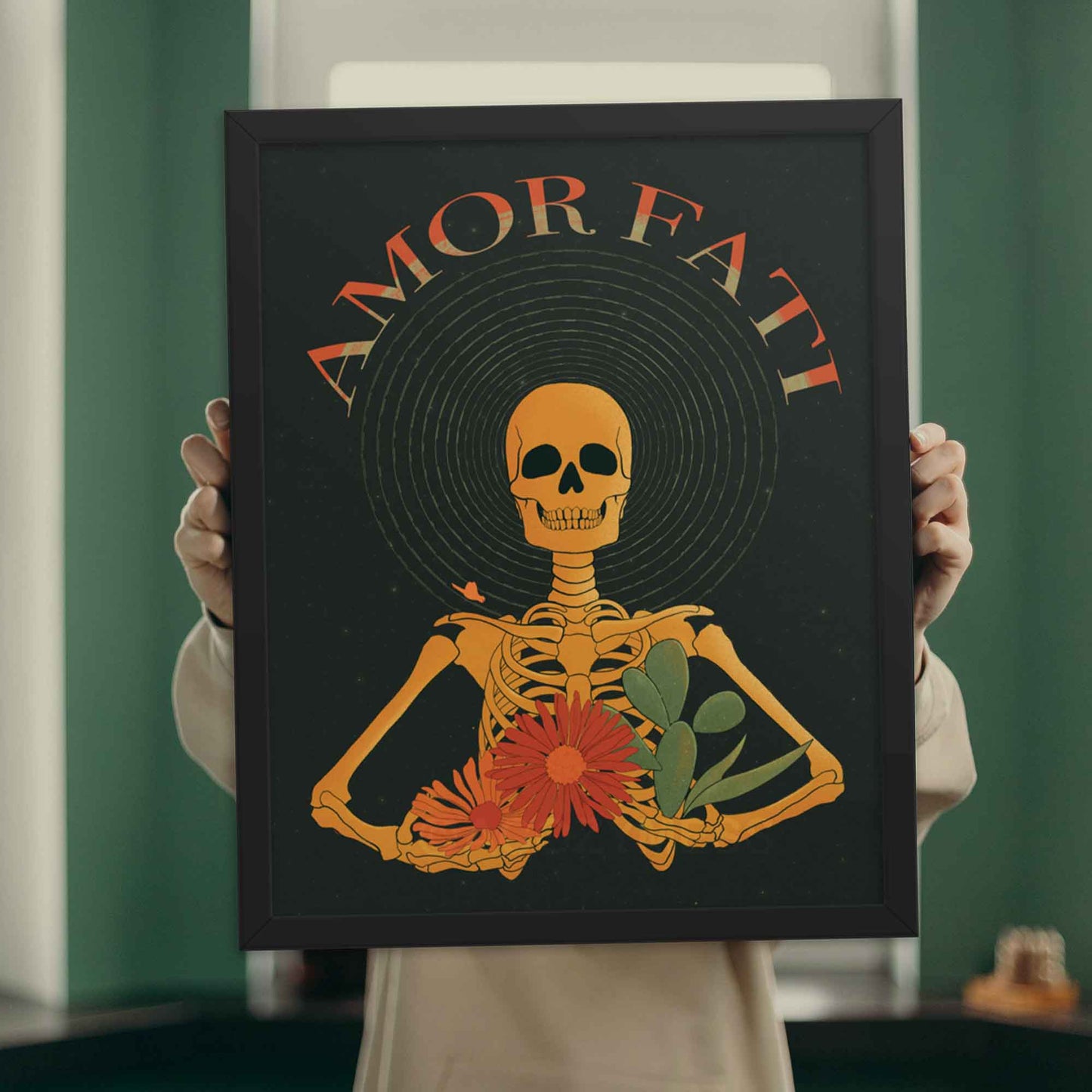 Amor Fati Poster with yellow skeleton with flowers and cactus design on black background Art in black  frame