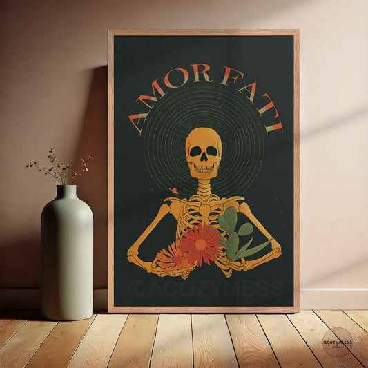 amor fati skeleton art print on dark background in oakwood frame.