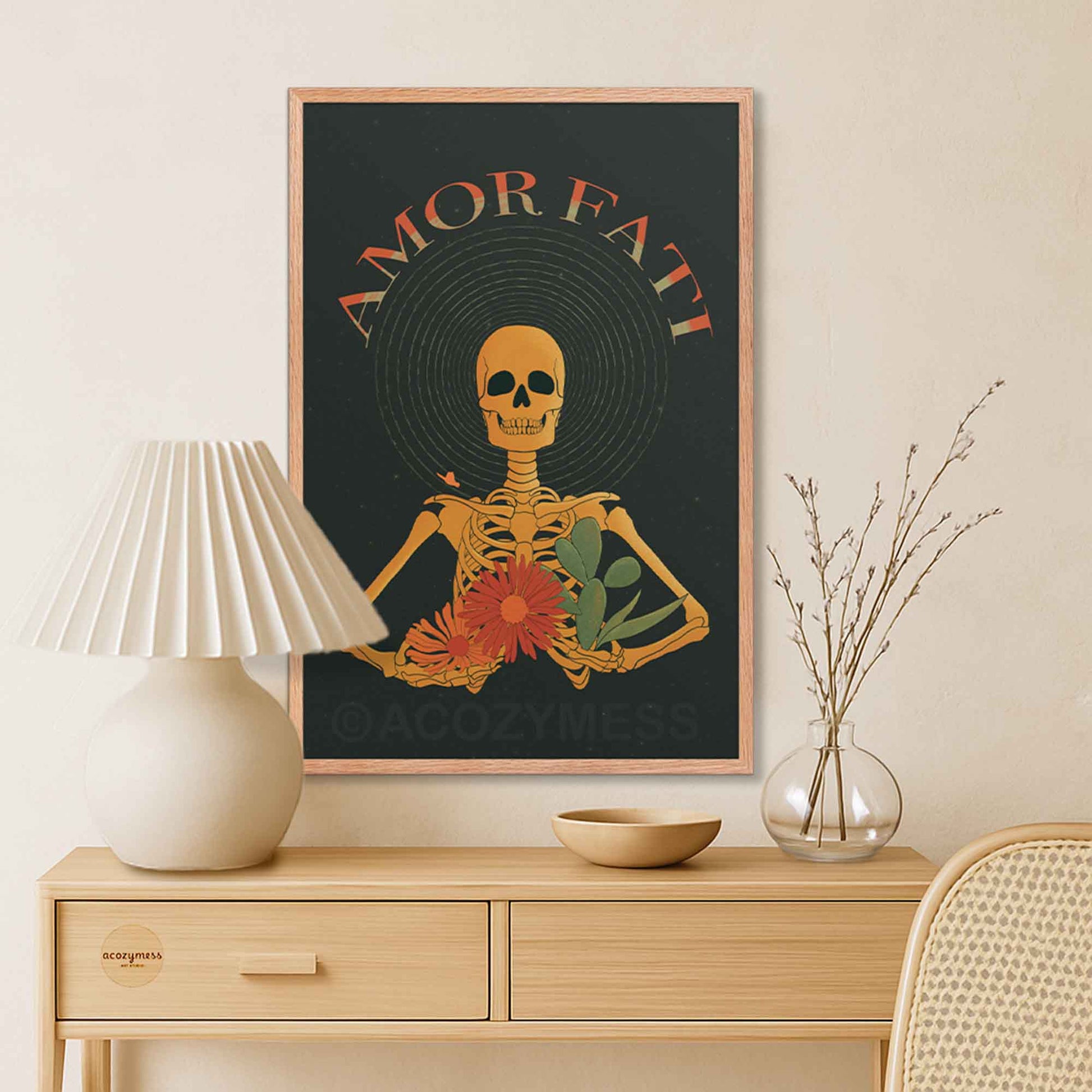 amor fati skeleton art poster on dark background in oakwood frame.
