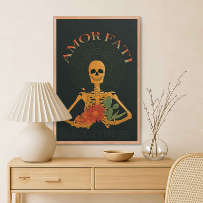 amor fati skeleton art poster on dark background in oakwood frame.