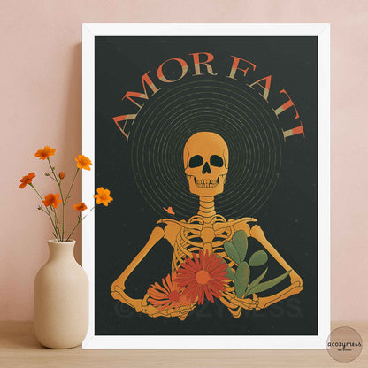 amor fati skeleton art print on dark background in white frame.