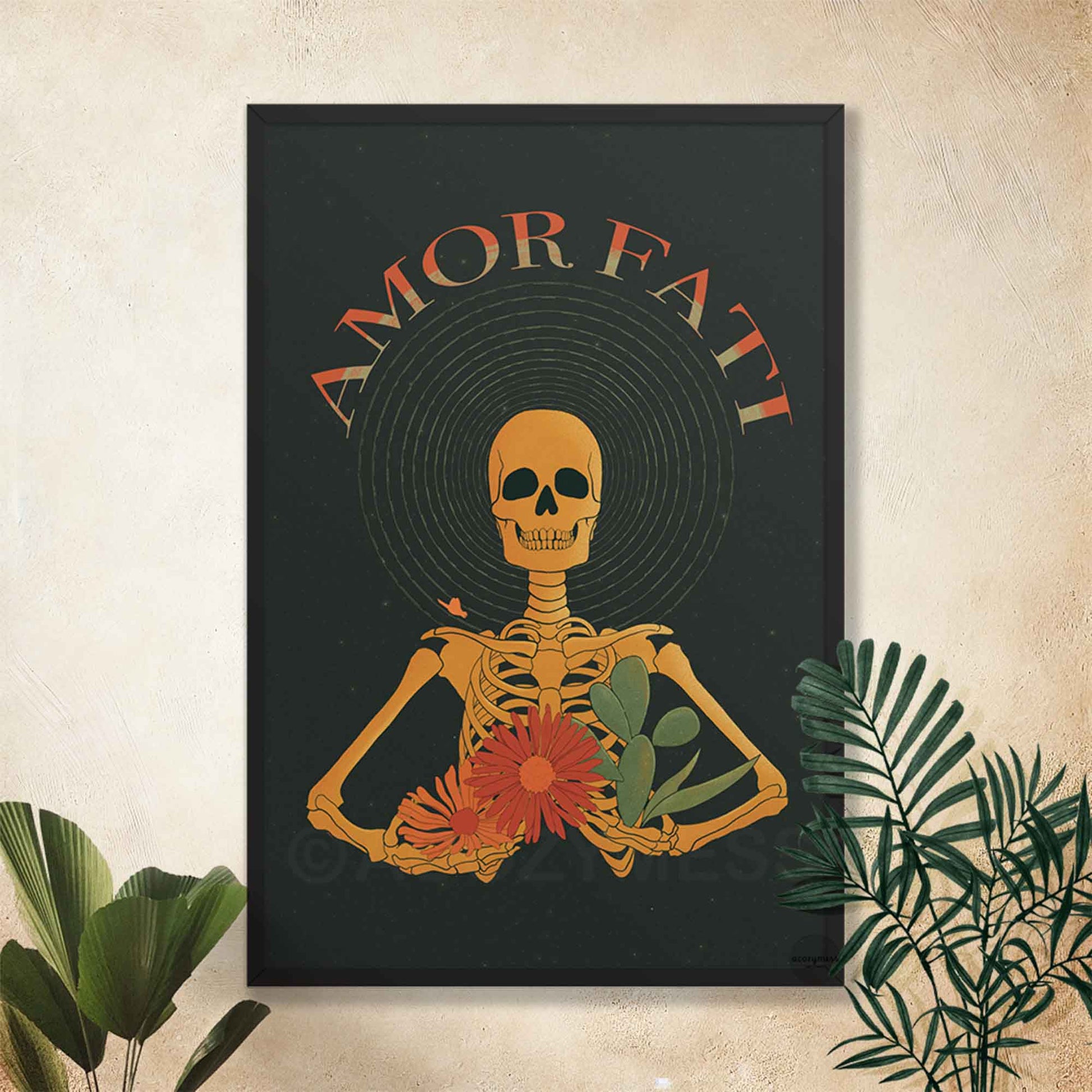 amor fati floral skeleton art poster on dark background in oakwood frame.