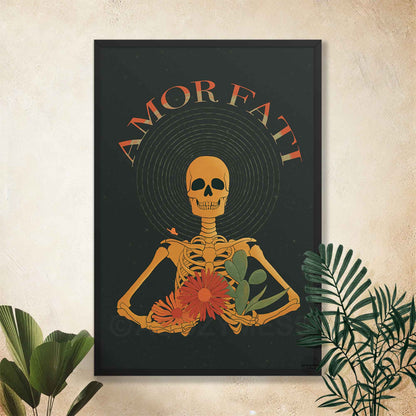 amor fati floral skeleton art poster on dark background in oakwood frame.