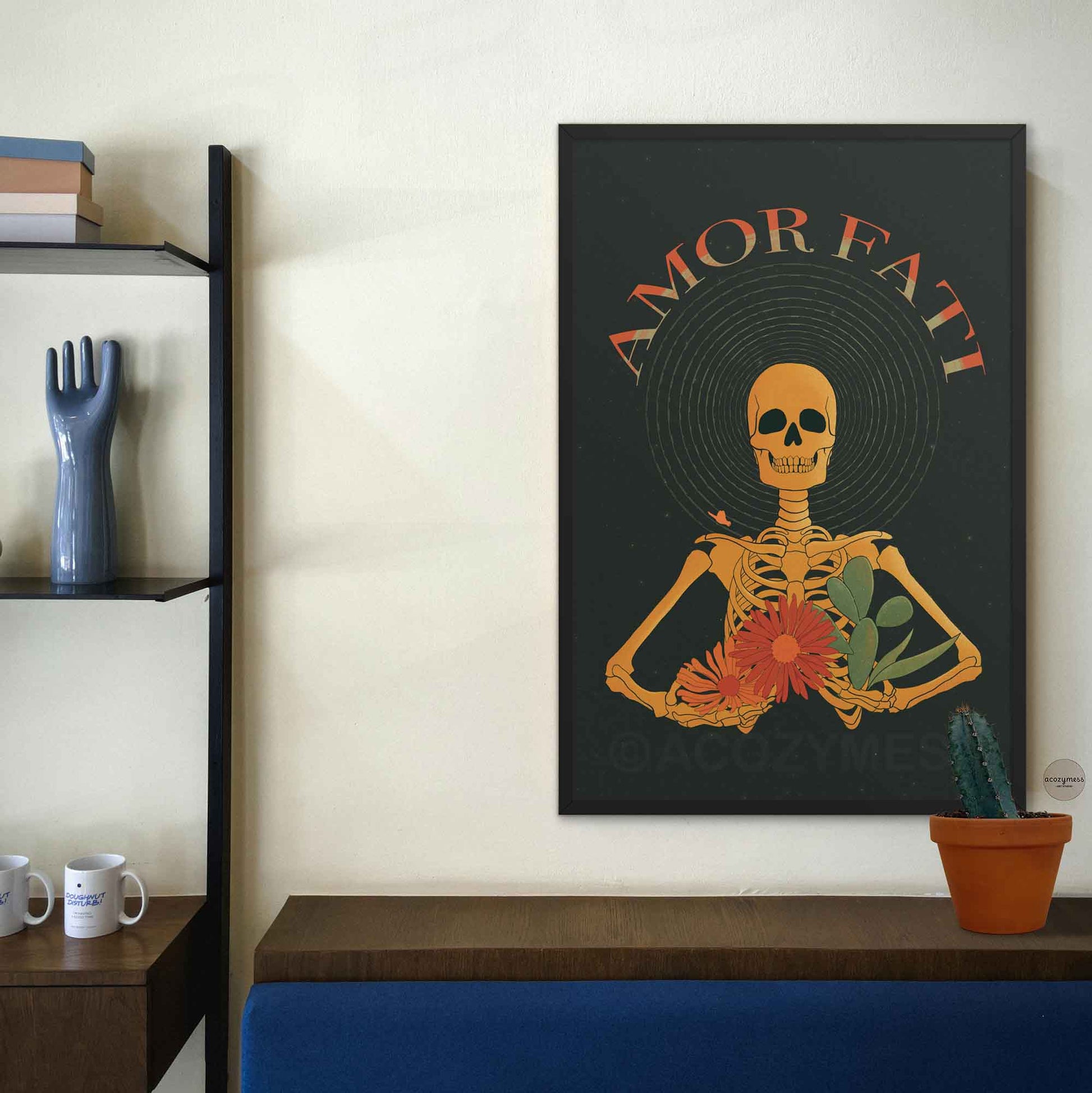 amor fati floral skeleton art poster on dark background in black frame.