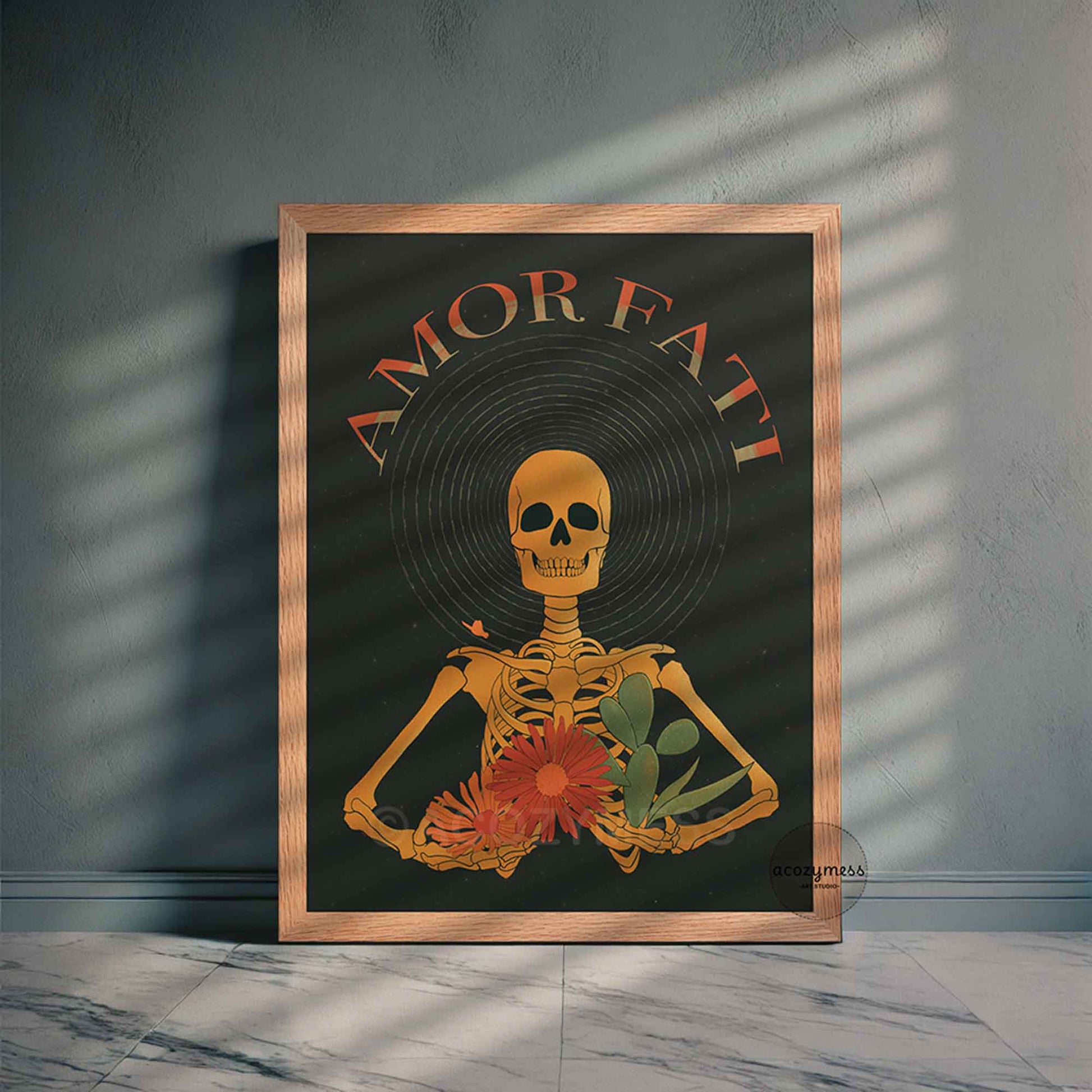 amor fati floral skeleton stoic art poster on dark background in oakwood frame.