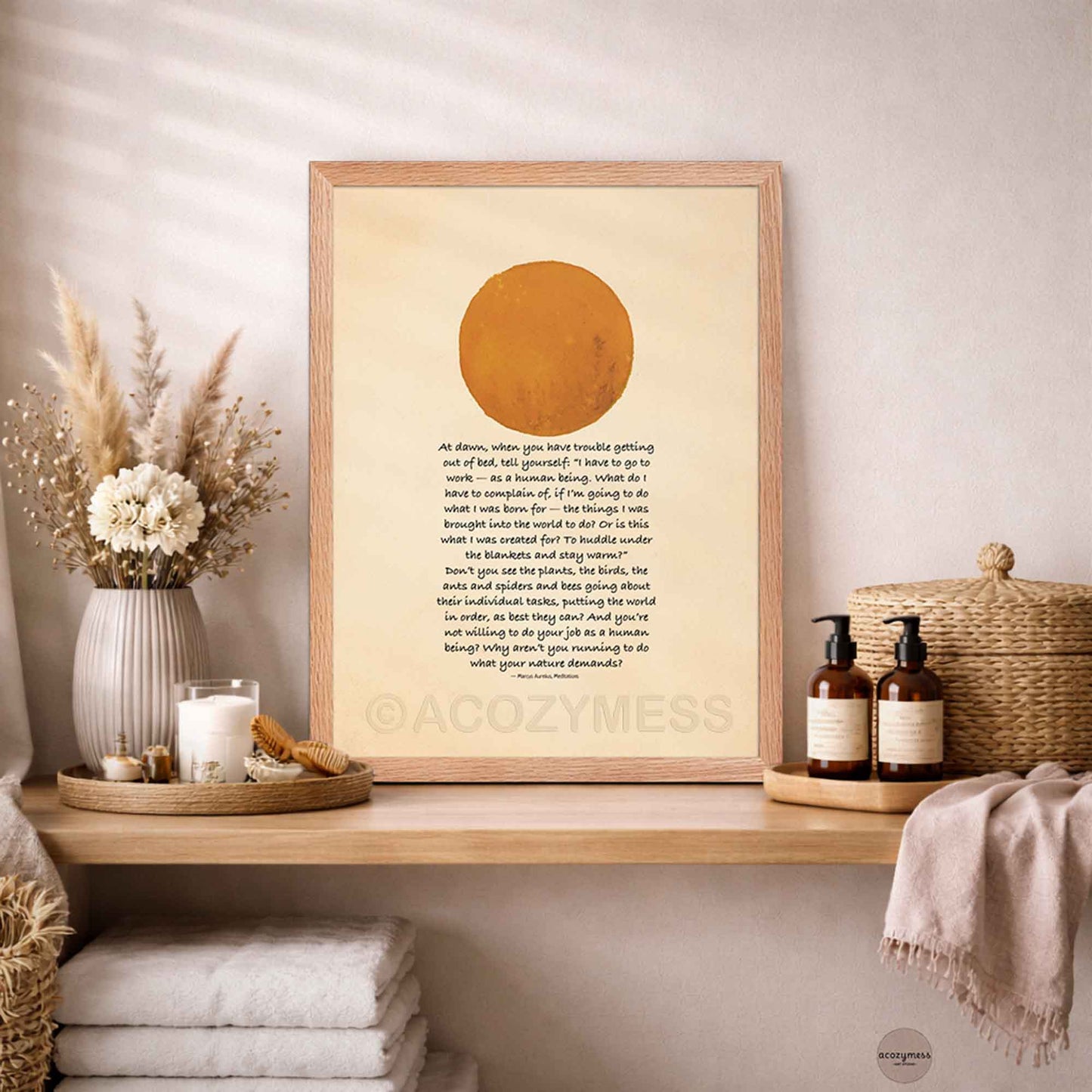 Oakwood Framed stoic philosophy quote with sun artwork .