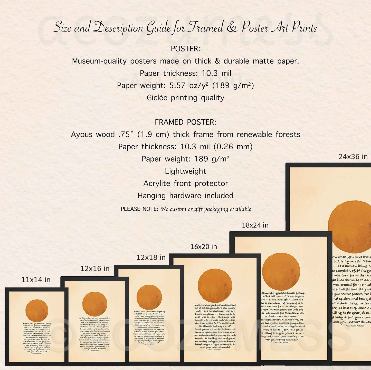 Size and description guide for framed and poster art prints with sample prints displayed.