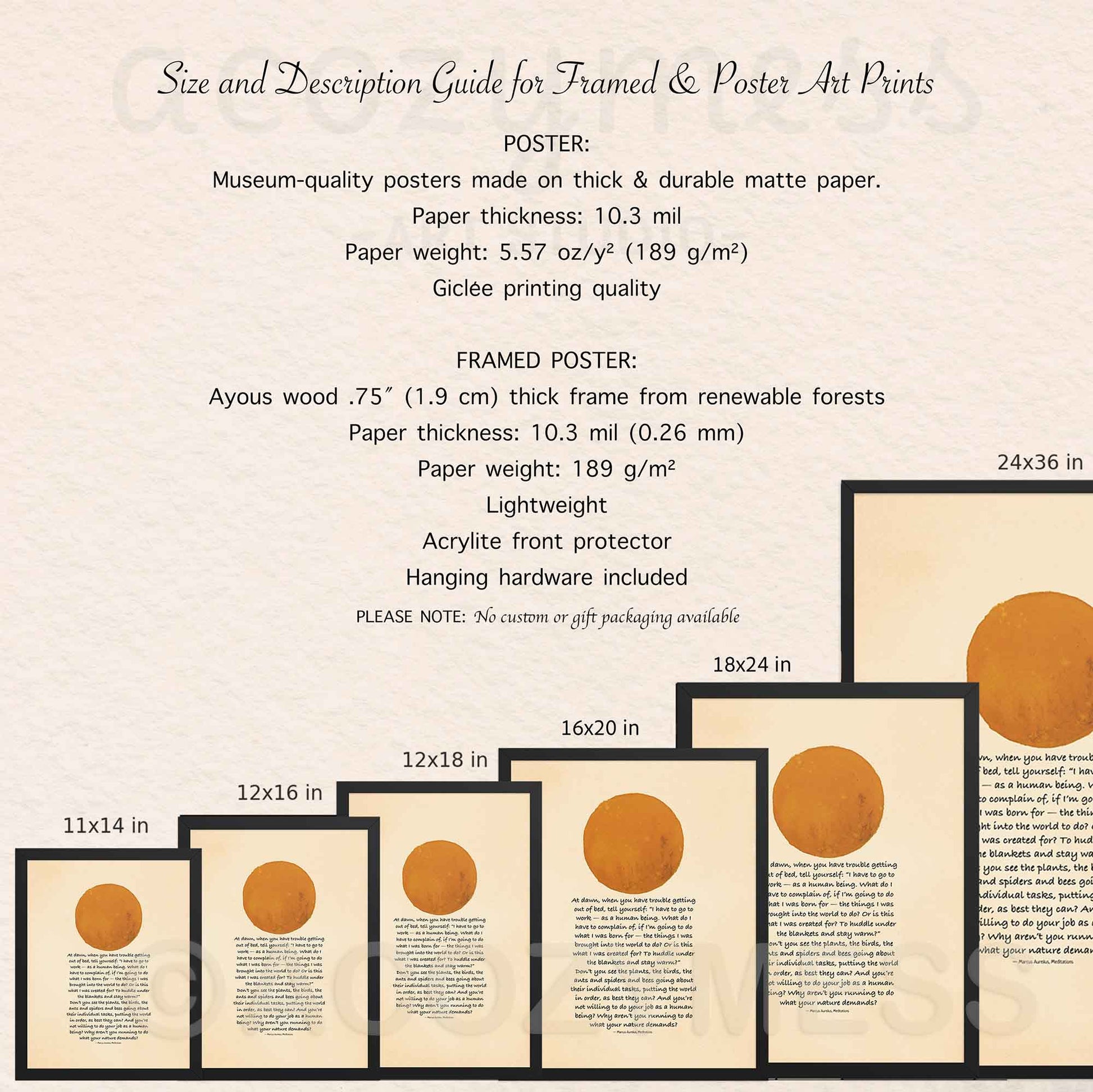 Size and description guide for framed and poster art prints with sample prints displayed.