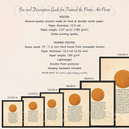 Size and description guide for framed and poster art prints with sample prints displayed.