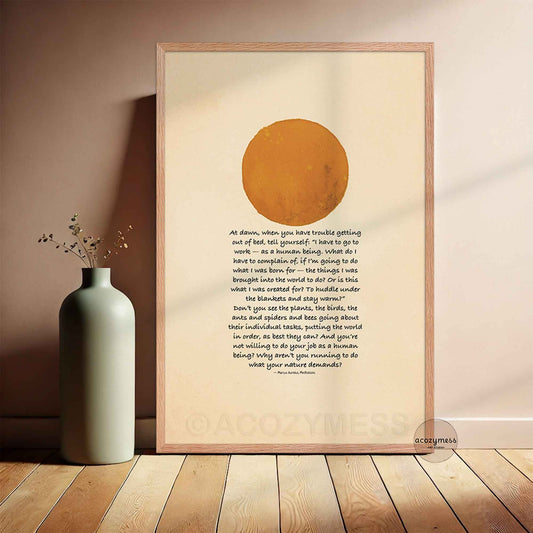 Marcus Aurelius on "When you arise in the morning..." quote with sun art on beige warm background, in oakwood frame.