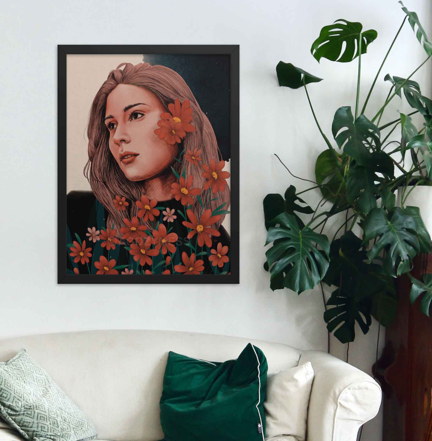 woman with flowers poster framed in black