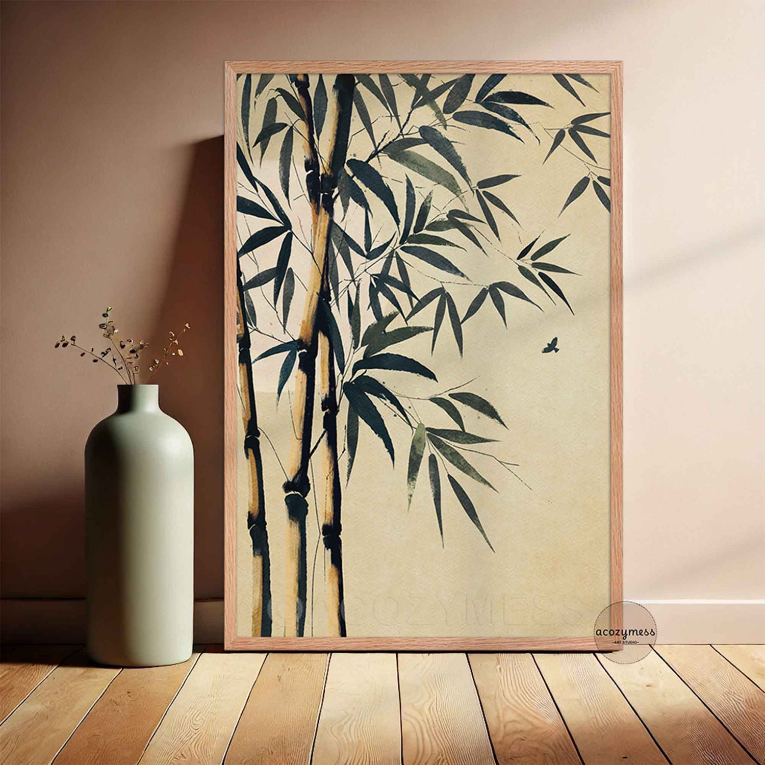 oakwood  Framed artwork of bamboo on a light green background