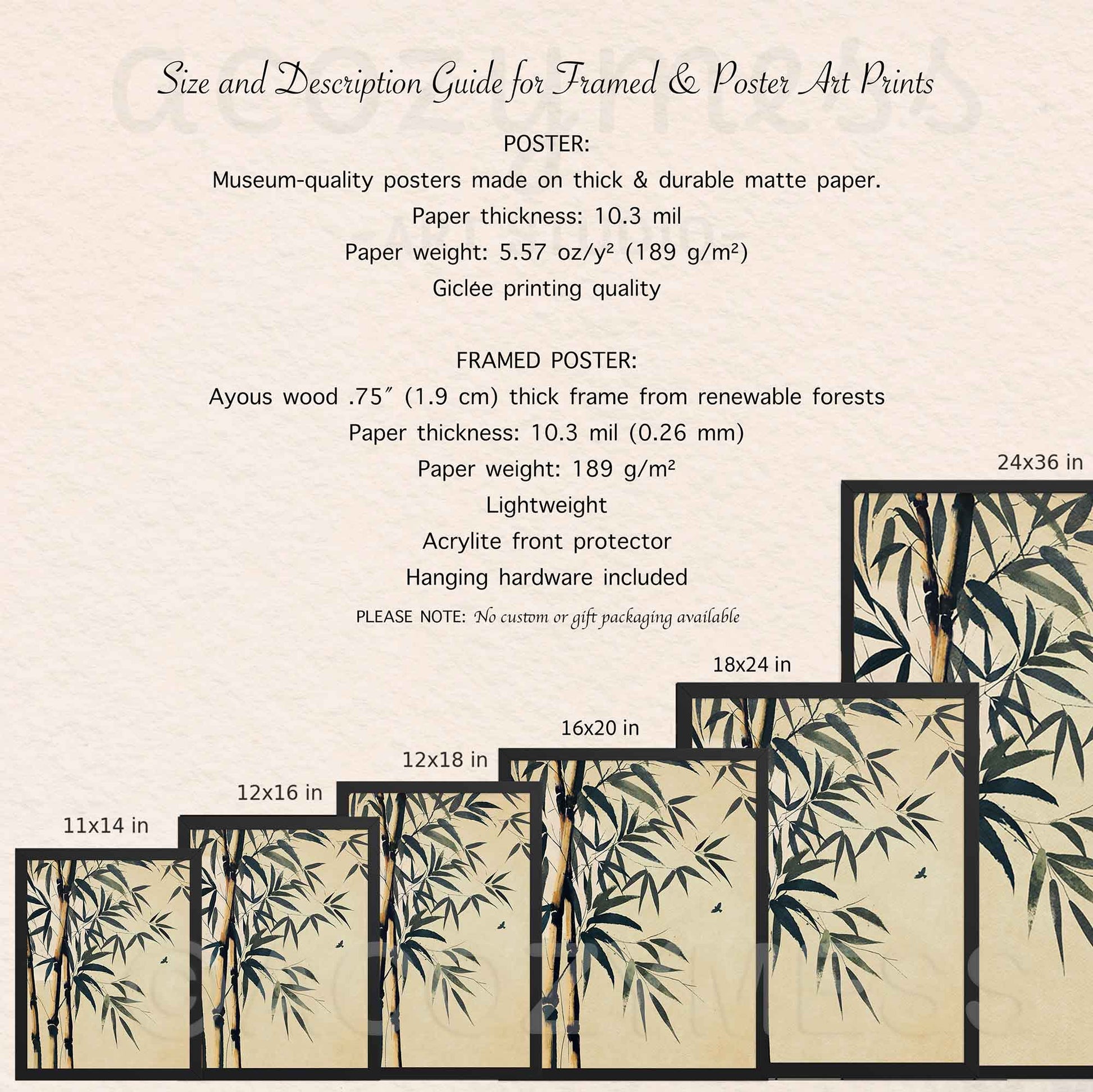Size and description guide for framed and poster art prints with bamboo design