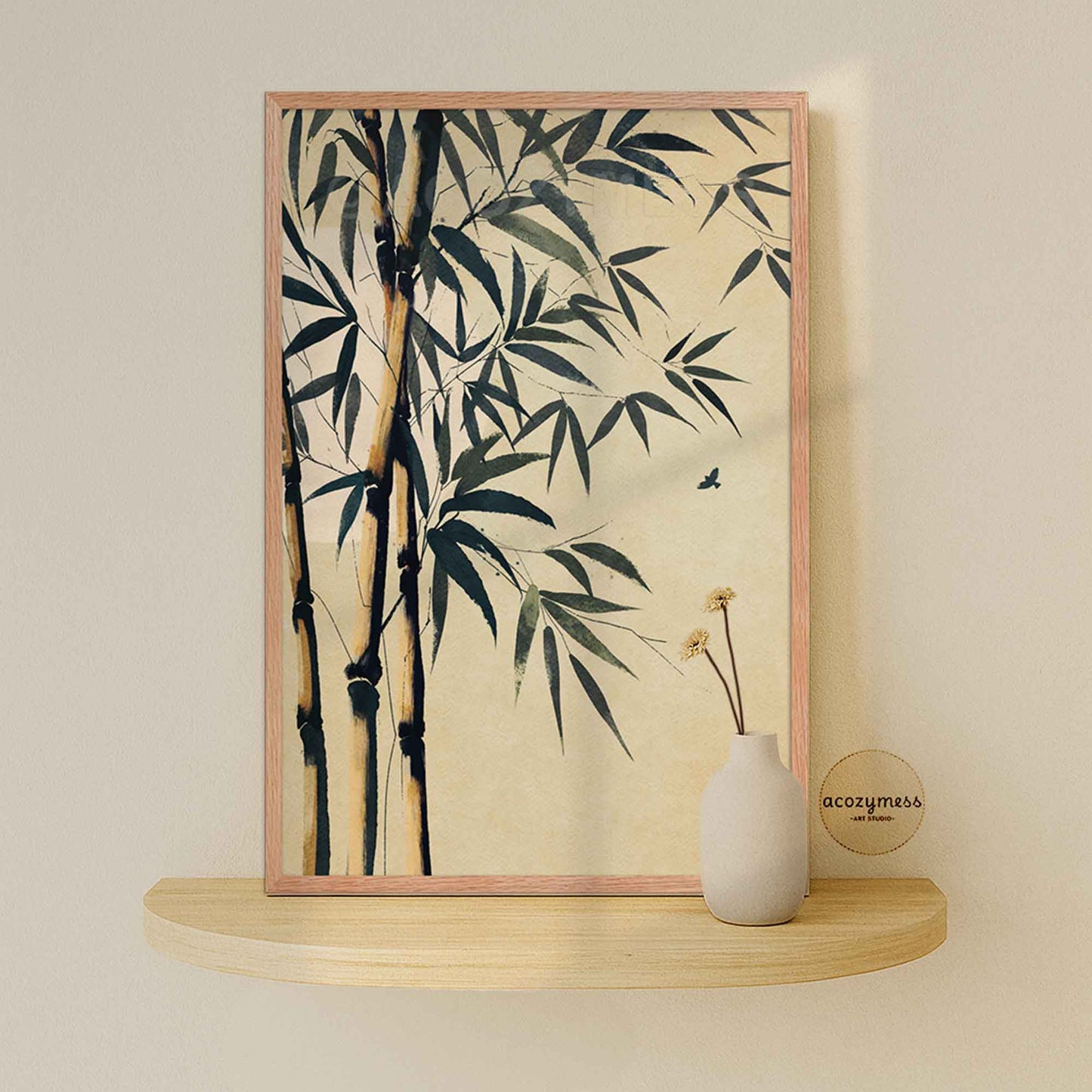 Framed artwork of bamboo leaves.