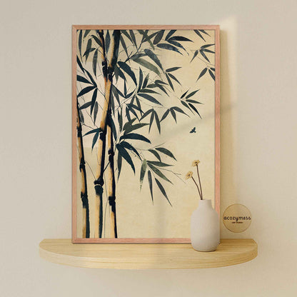 Framed artwork of bamboo leaves.