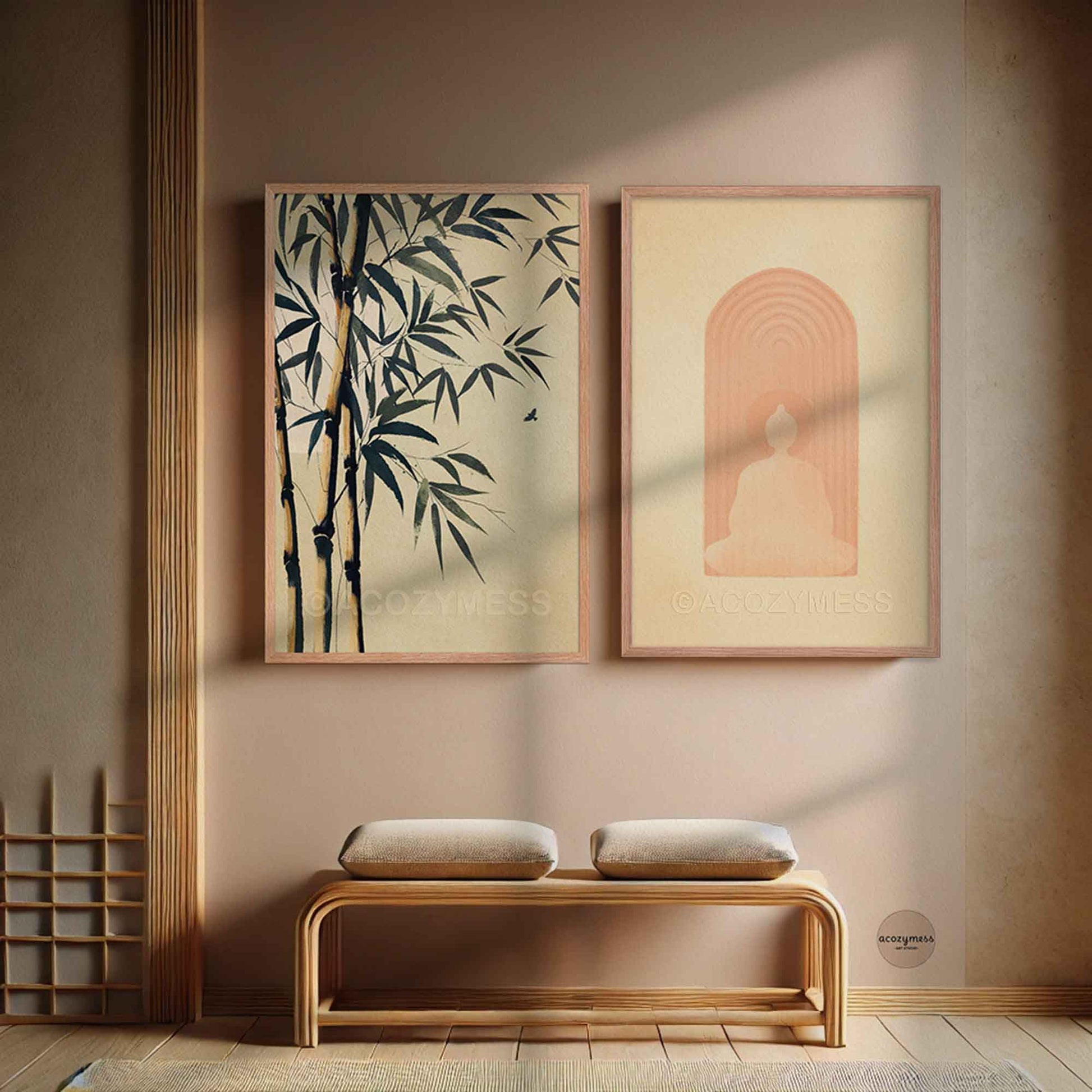 Two zen wall framed artworks of bamboo and buddha in oakwood frames.