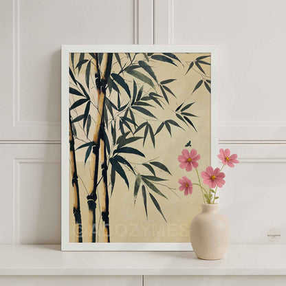 White Framed artwork with bamboo on light green background.