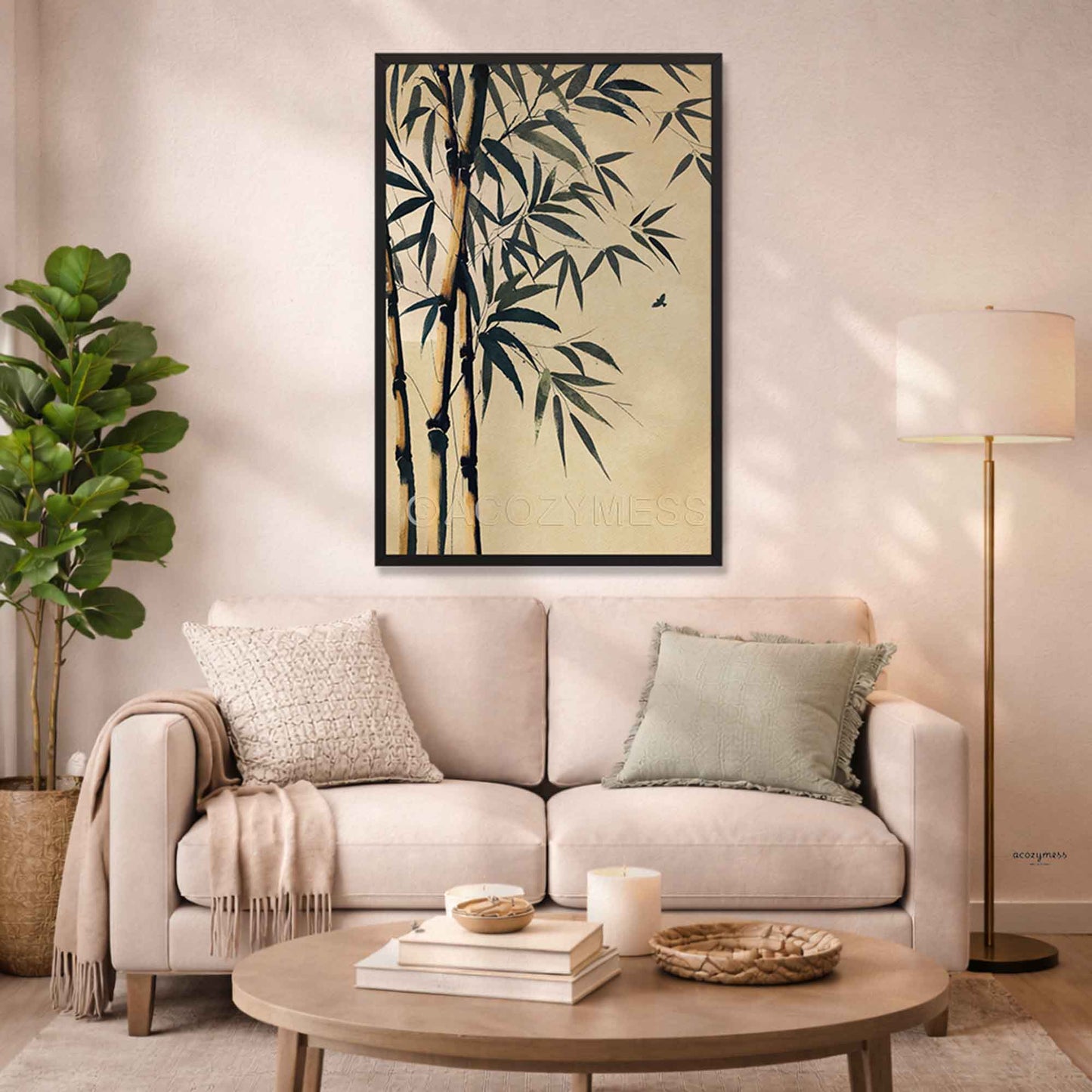Zen wall art print of bamboo framed in black.