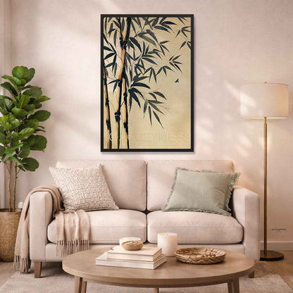 Zen wall art print of bamboo framed in black.