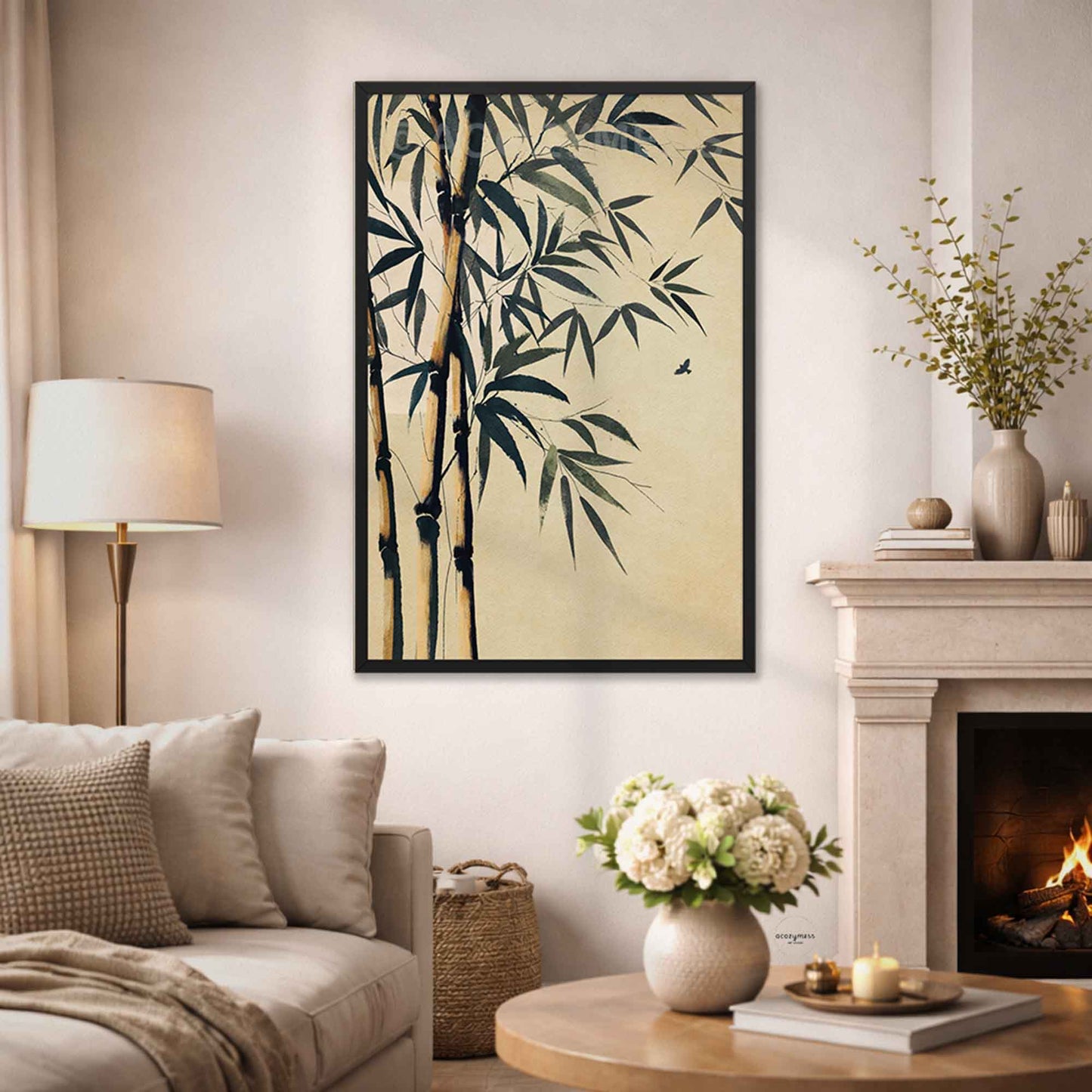 A black framed bamboo art print on the Living room wall.