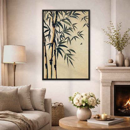 A black framed bamboo art print on the Living room wall.