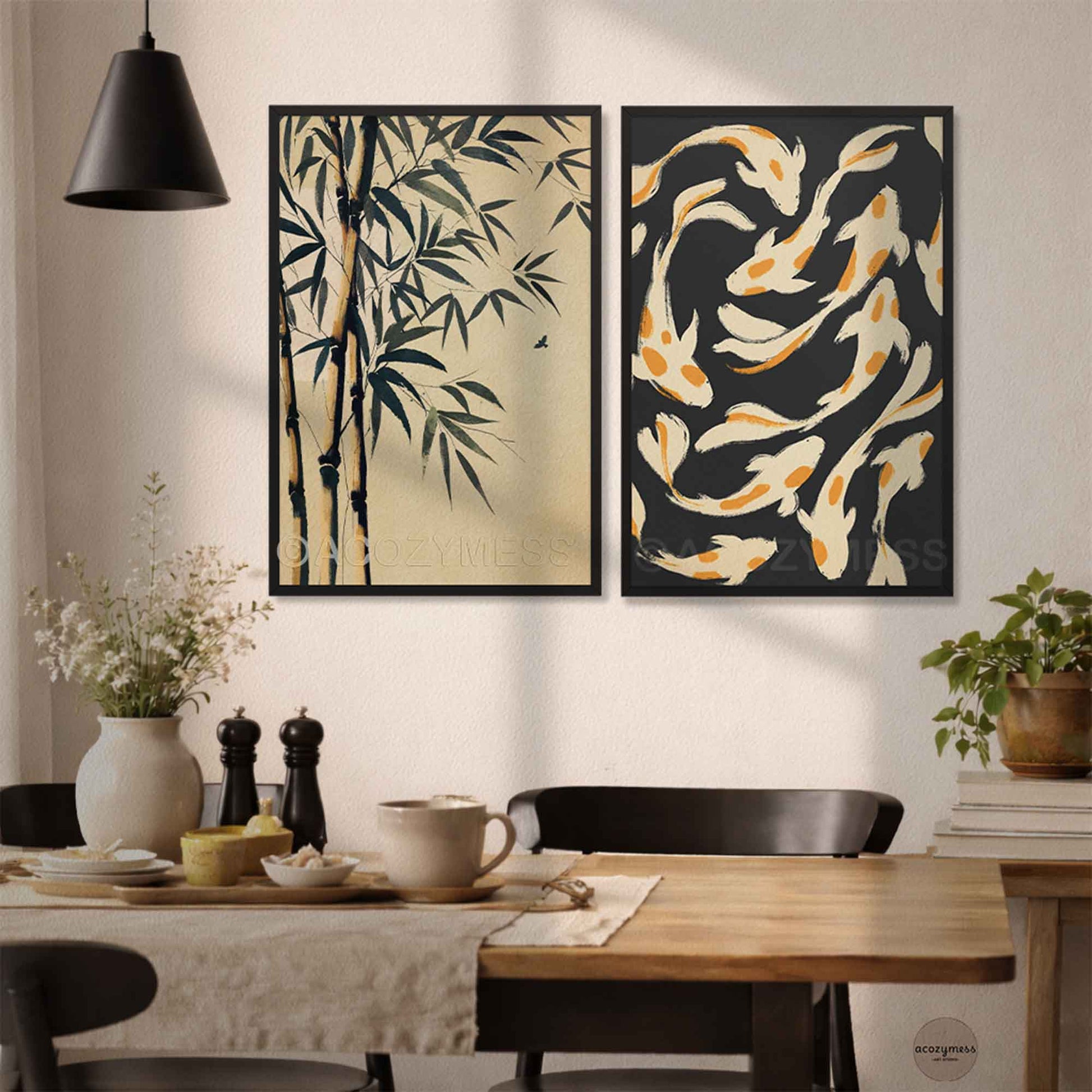 Dining room with two framed artworks on the wall, one featuring bamboo and the other koi fish.