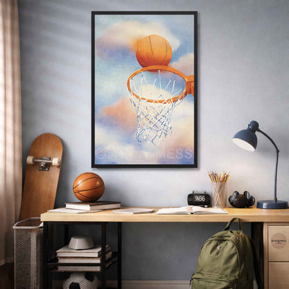 Black-framed vibrant basketball wall art in blue and orange, basketball approaching the hoop under a colorful cloudy sky.