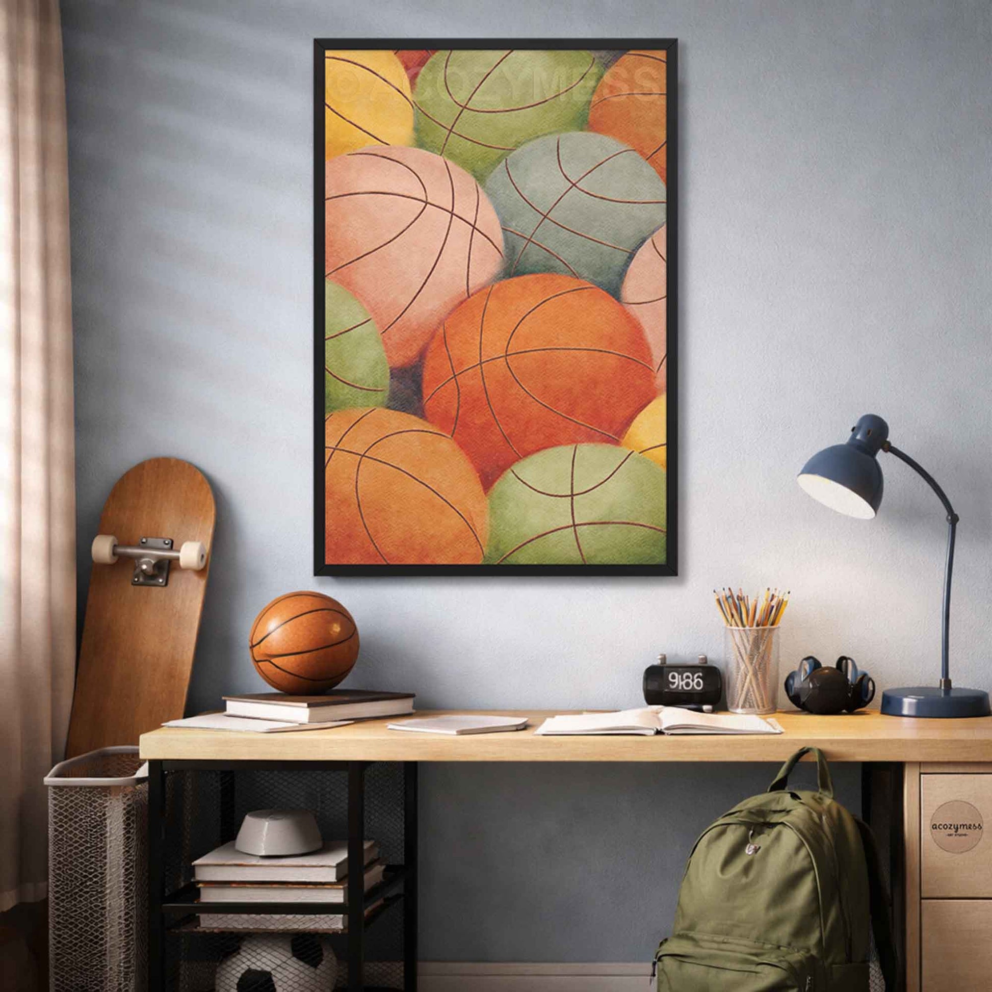 Colorful abstract art of basketballs on a wall above a desk with sports-themed decor.