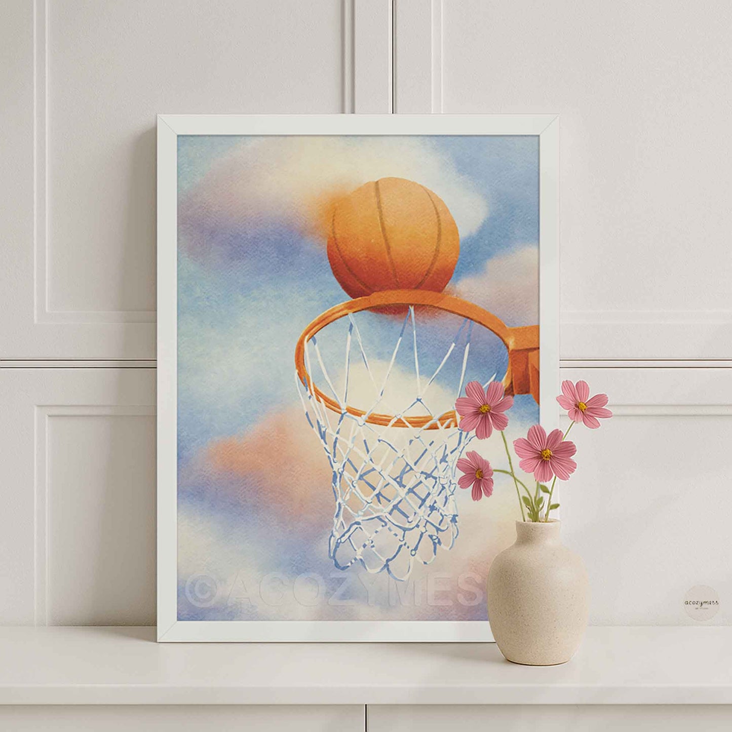 Basketball and hoop print in a white frame, vibrant blue and orange palette with dreamy multicolor sky and clouds.