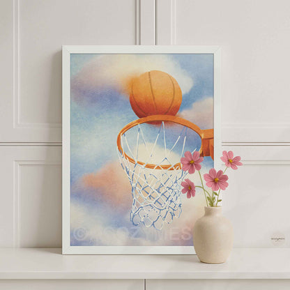Basketball and hoop print in a white frame, vibrant blue and orange palette with dreamy multicolor sky and clouds.