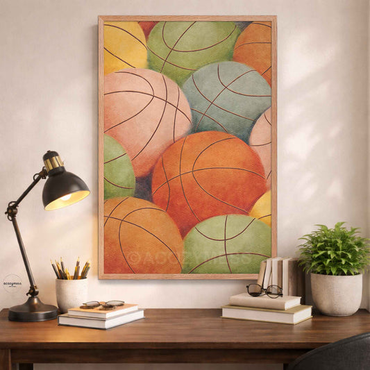 Oakwood-framed colorful basketballs illustration wall art featuring multiple basketballs in a vibrant modern sports design.