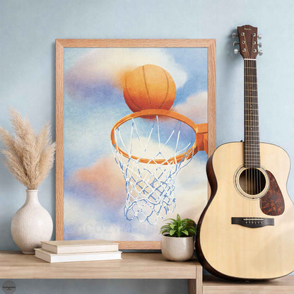 Modern sports wall art in oakwood frame—blue and orange basketball scene with hoop and colorful cloud background.