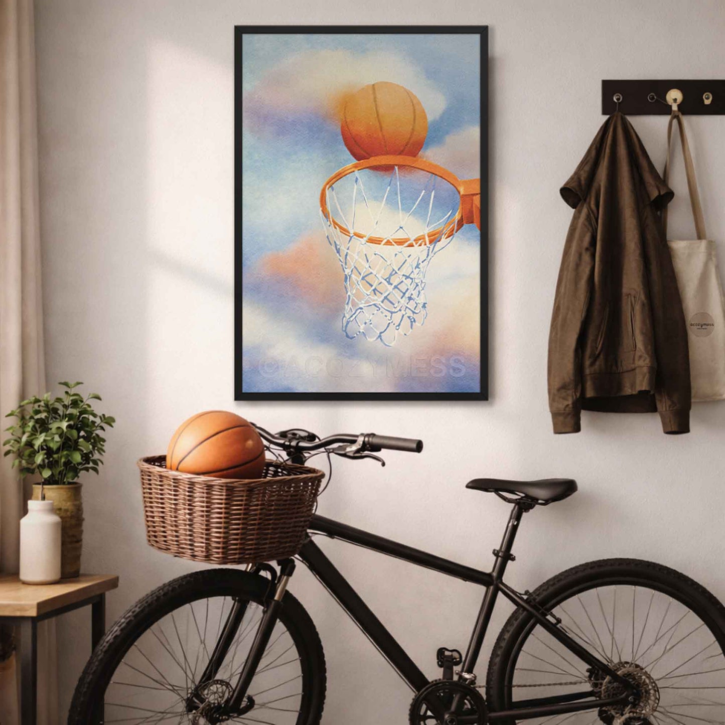 Black framed artwork of a basketball dunk.