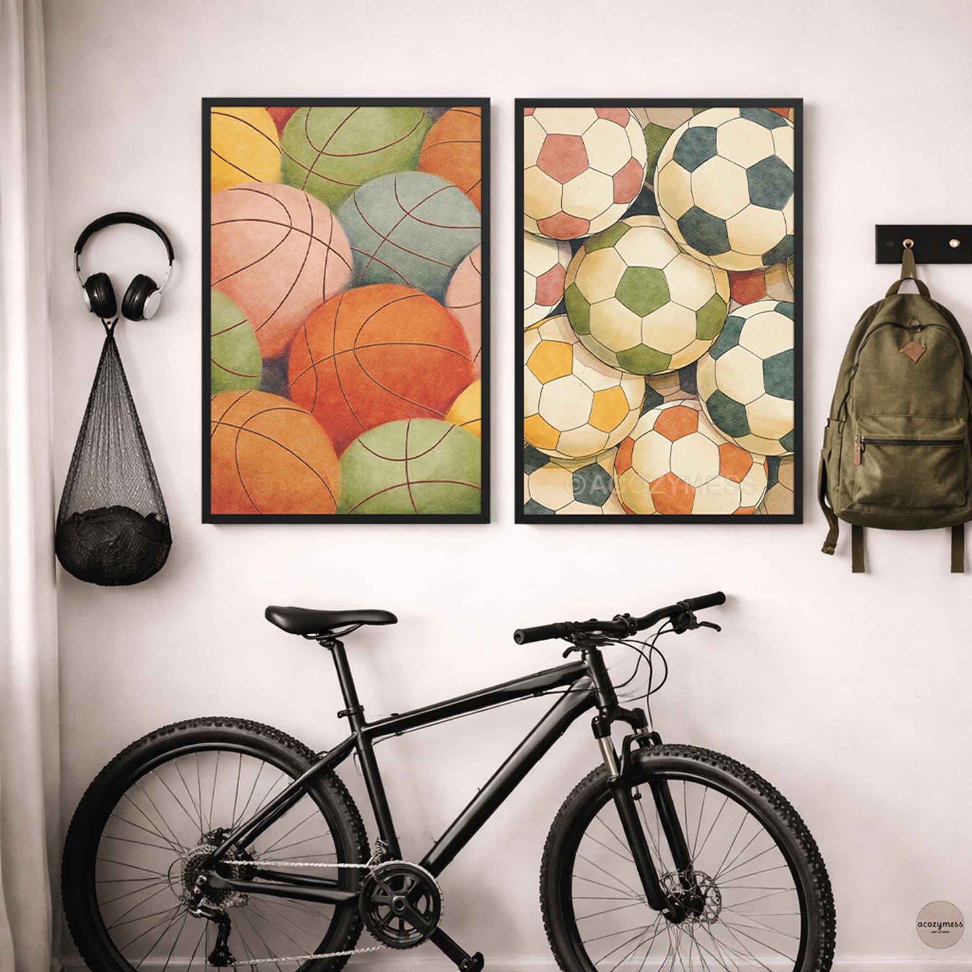 sports wall art decor, with basketball art print and football art print  in black frame