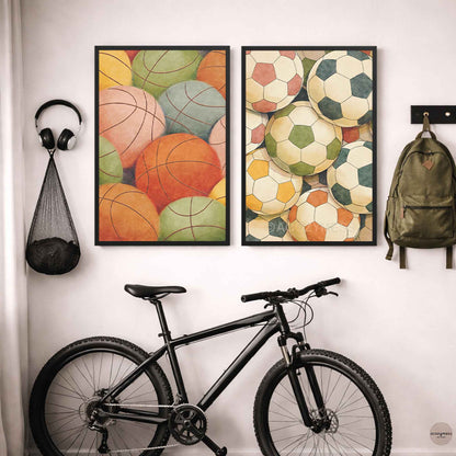 sports wall art decor, with basketball art print and football art print  in black frame