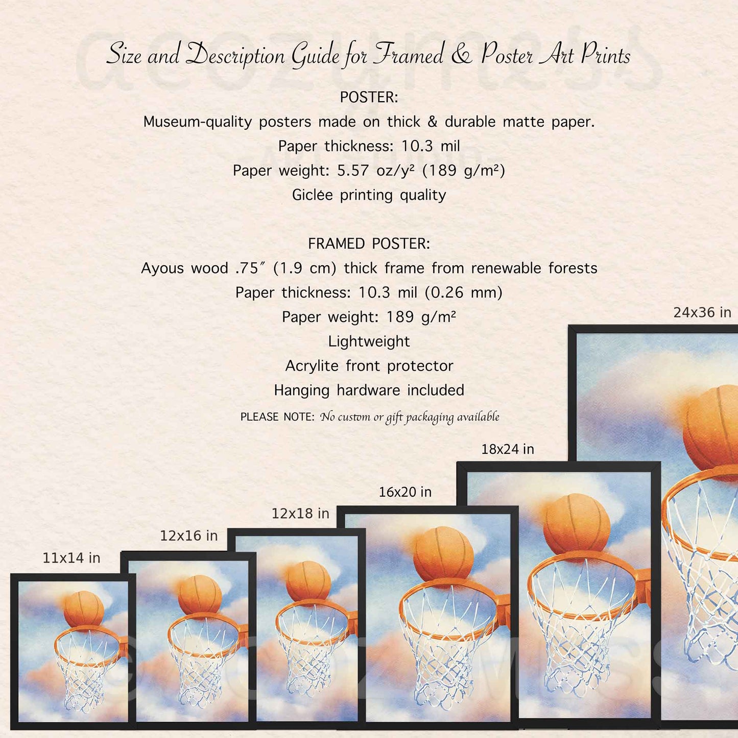 Size and description guide for framed and poster art prints with basketball theme