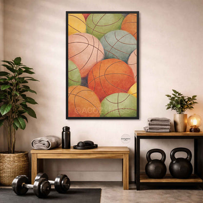 Modern home gym with colorful abstract art, dumbbells, and kettlebells.