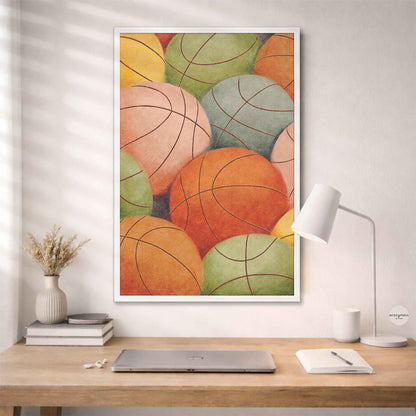 Colorful abstract art print of basketballs on a wall above a desk in a white frame.