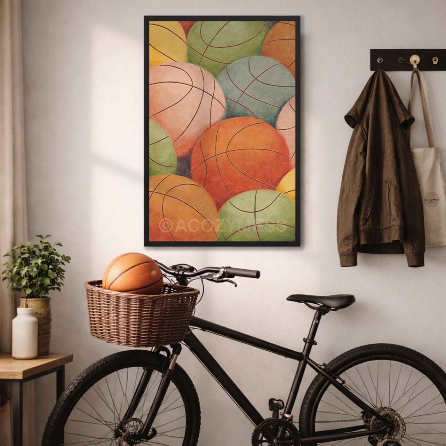 Black-framed colorful basketballs illustration wall art featuring multiple basketballs with bold contrast for gallery-style sports decor.