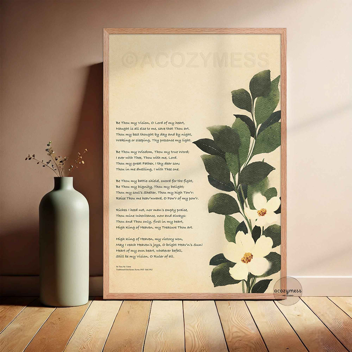 Be thou my vision hymn white florals christian wall art in oak frame.