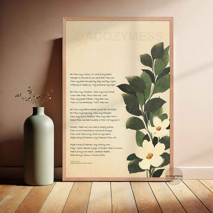 Be thou my vision hymn white florals christian wall art in oak frame.