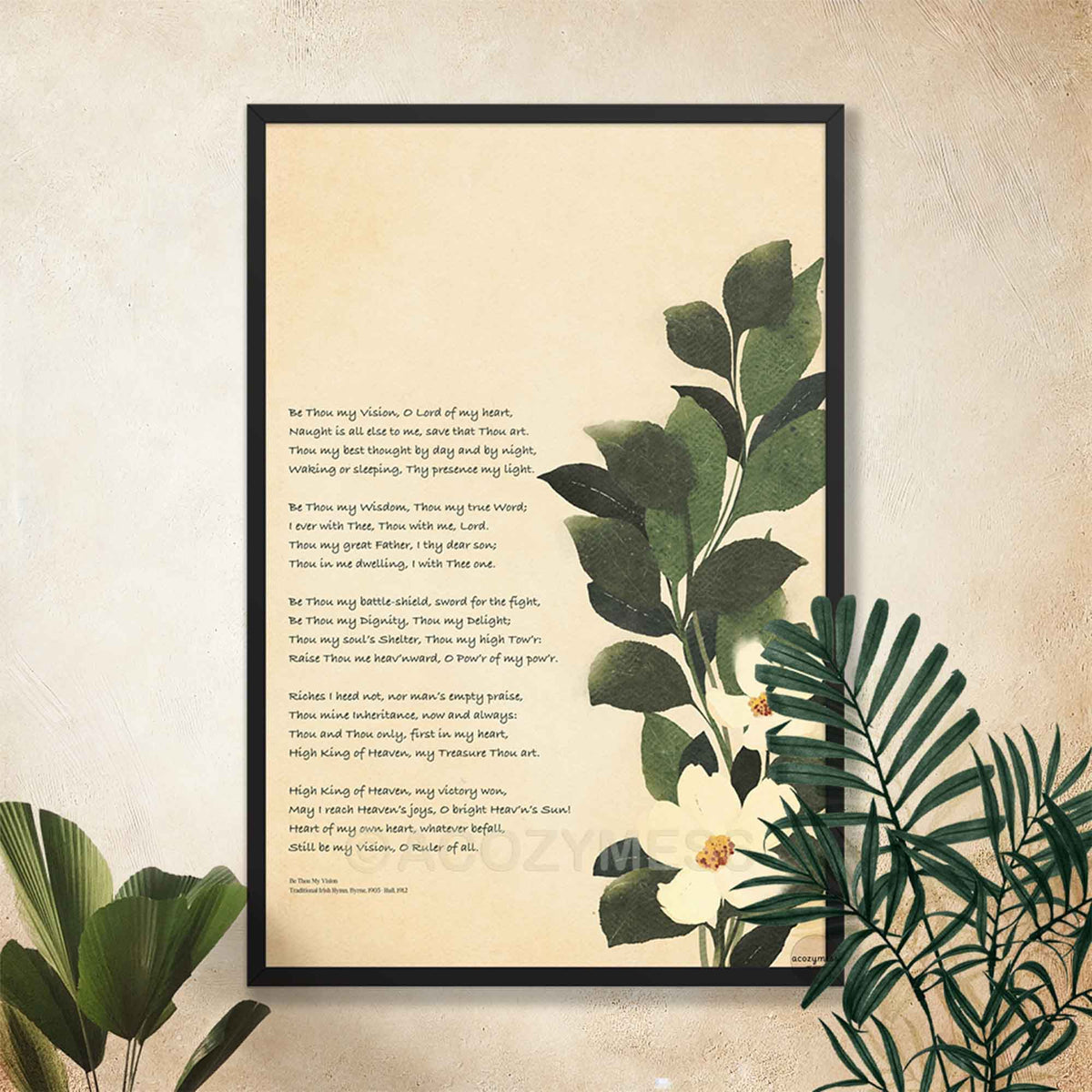 Be thou my vision christian home decor with botanical art in black frame.
