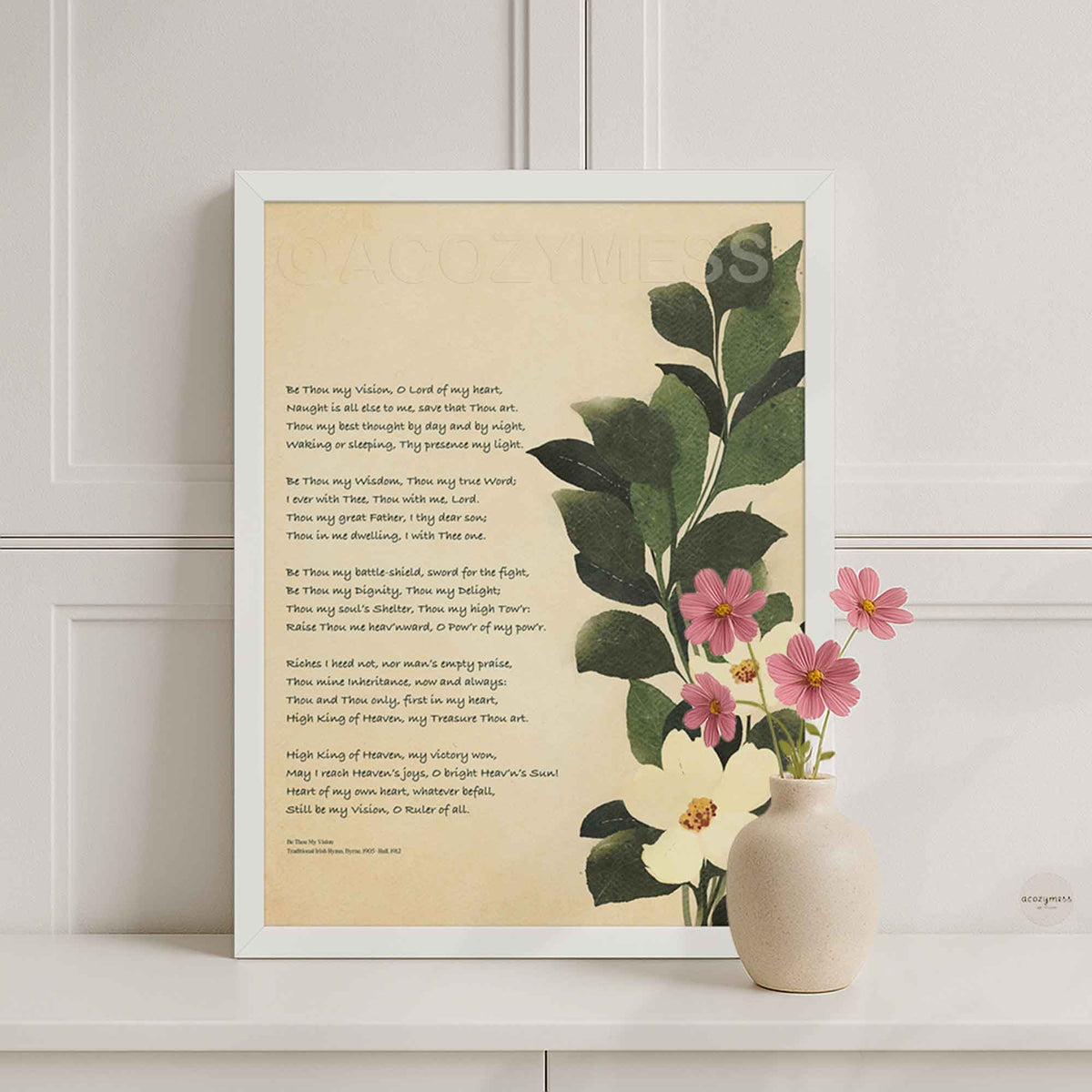 Be thou my vision art print with botanical art in white frame.