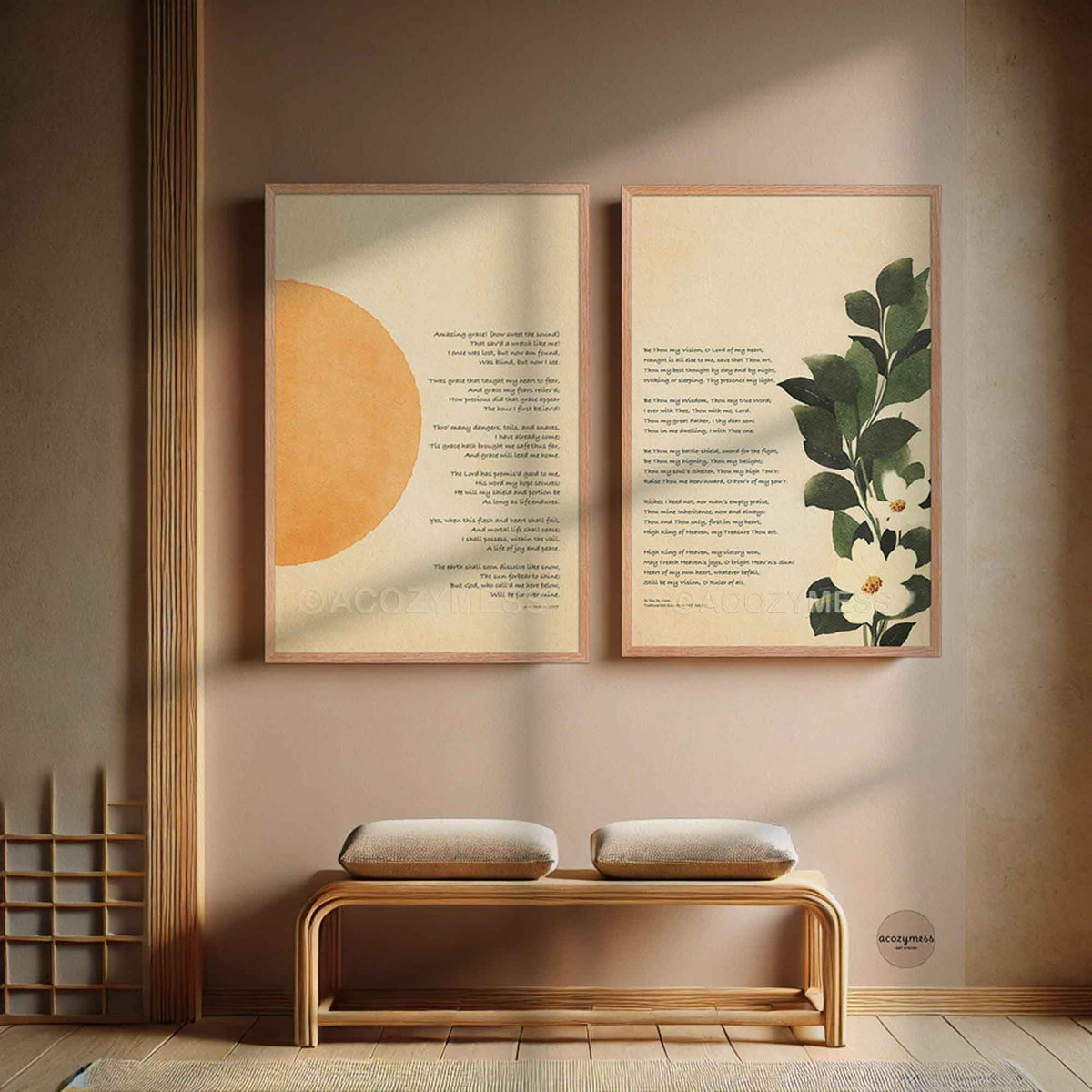 Two Christian wall arts in light wood frame, one with amazing grace and another with irish hymn- be thou my vision with minimalist sun and floral art