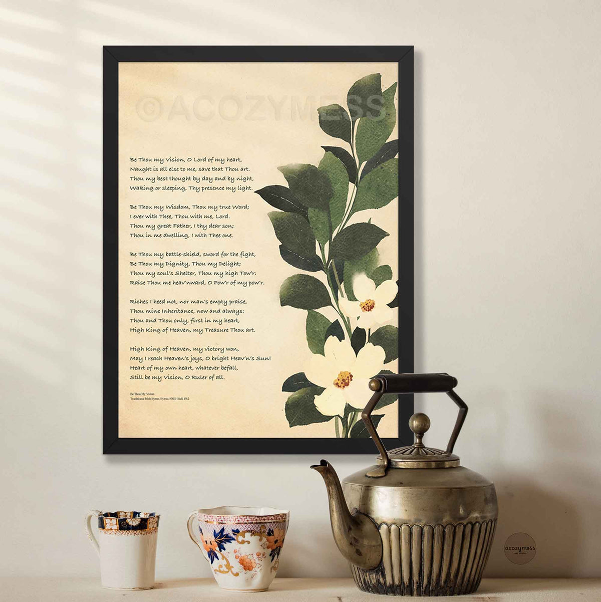 Be thou my vision art print with white floral art in black frame.