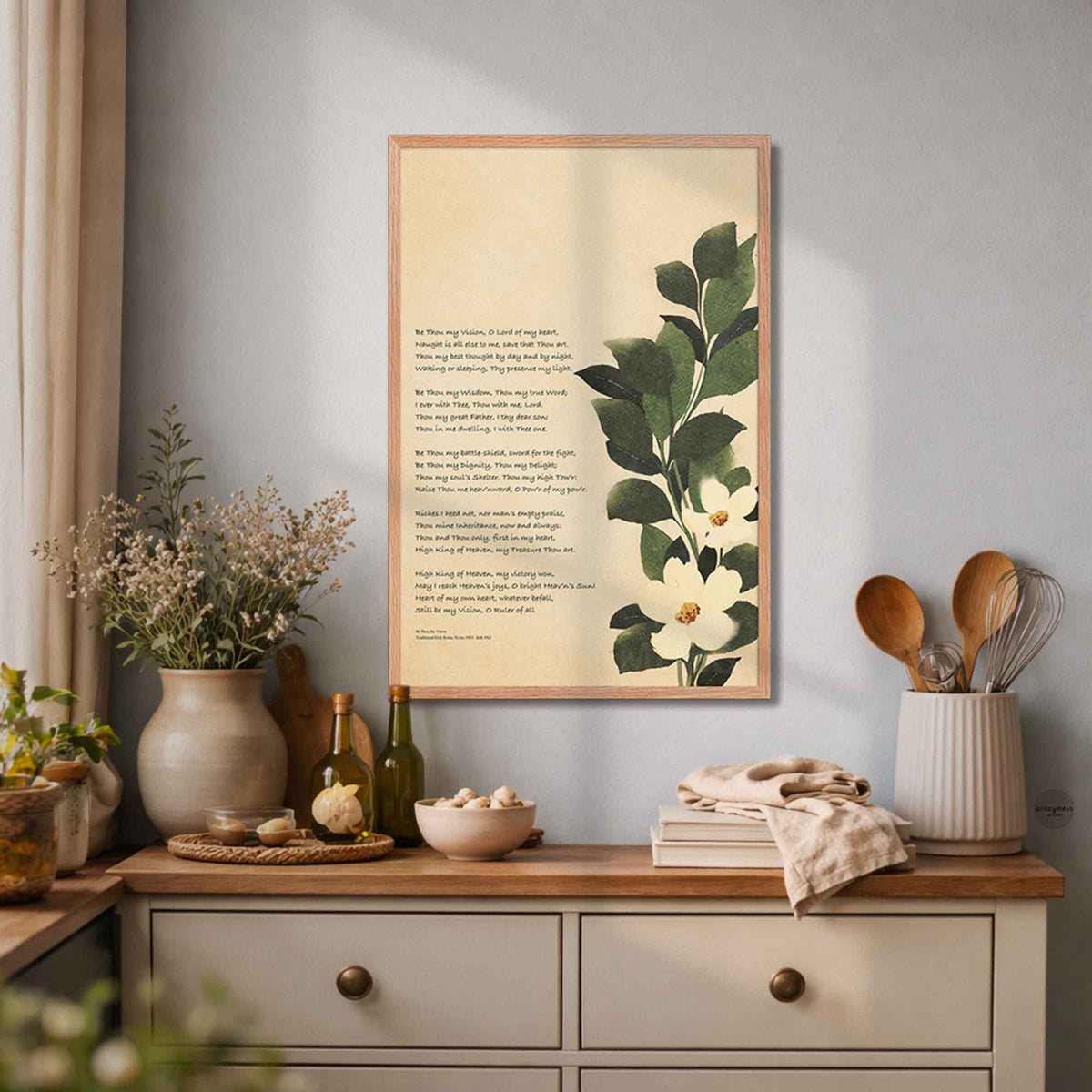 Be thou my vision wall decor with botanical art in oak frame.