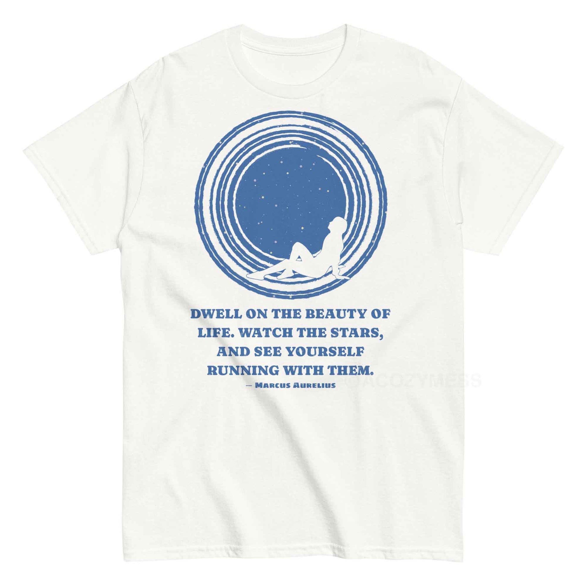 Marcus Aurelius quote on beauty of life Stoic tshirt with illustration in blue on white.