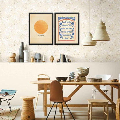 A black-framed poster featuring the Marcus Aurelius quote, "Dwell on the beauty of life," in elegant typography.